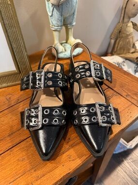 Mix No.6 Black Pointed Slingback Flats with Silver Buckle Detail